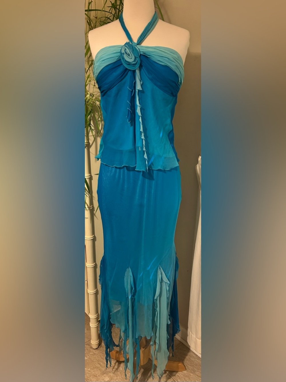 Cache Teal to Aqua Ombre Halter 2pc  Dress 100% silk